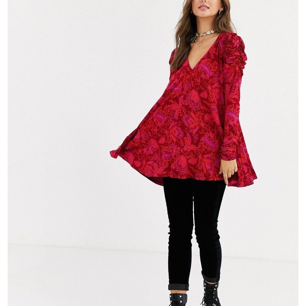 Free People Hello Lover Puff Sleeve Tunic Dress Scarlett Red Floral Print XL